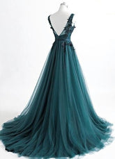 Romantic V neck Green Lace Appliques Tulle Long Prom Dress,GDC1204-Dolly Gown